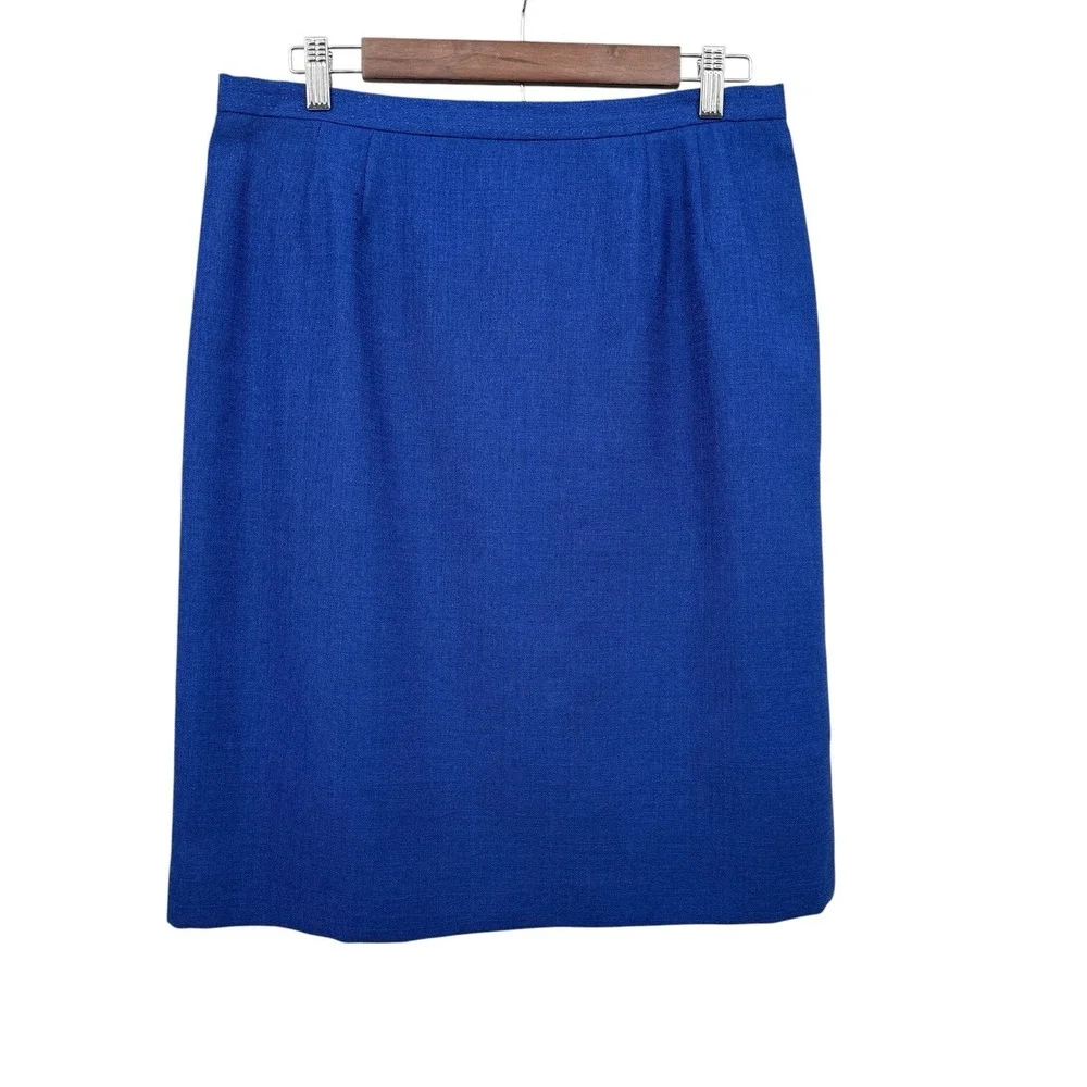 Le Suit Petite 14P Blue 2‎ Pc Skirt Suit Set Career Office Lined Short Sleeve